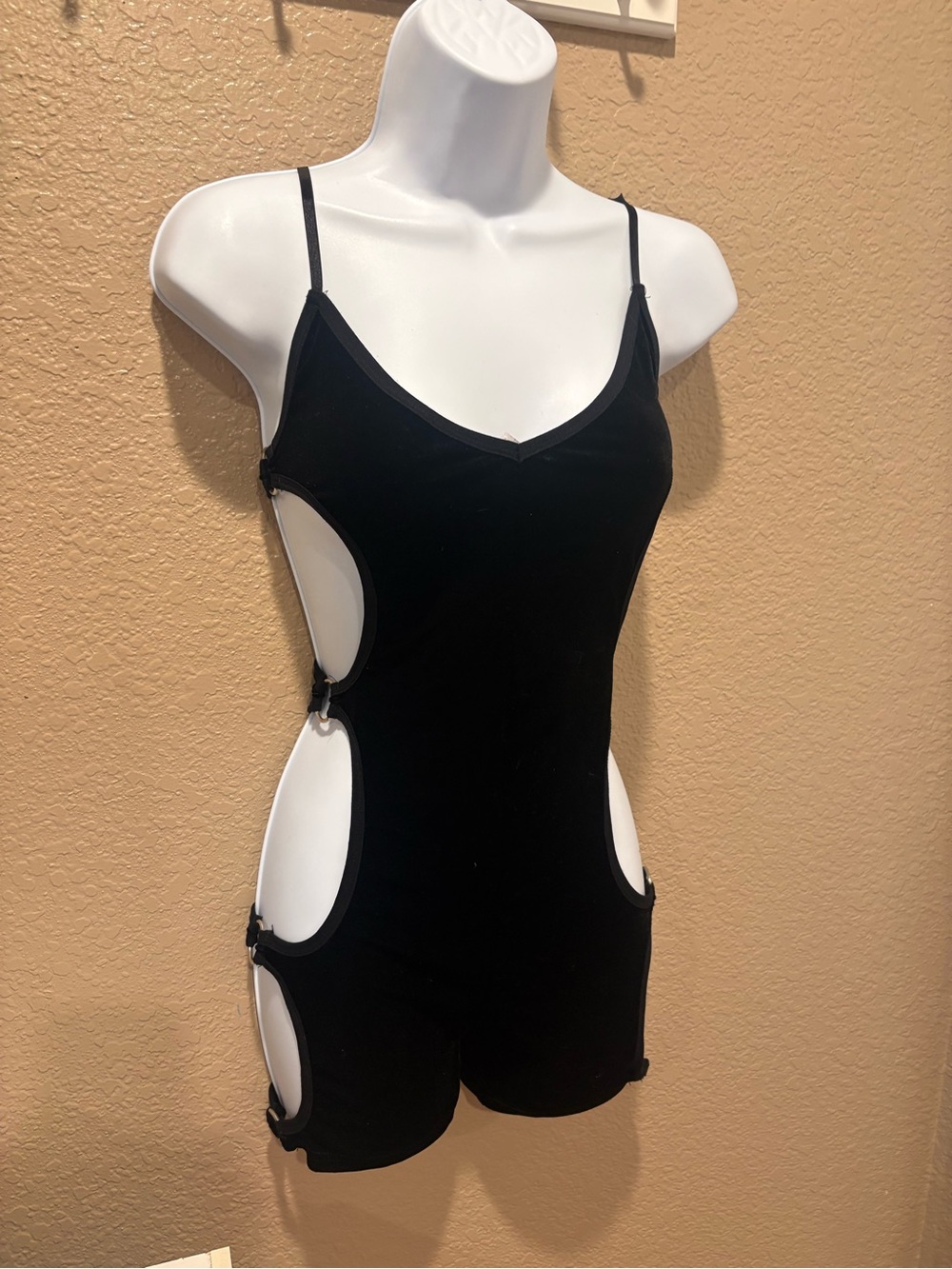 Club Exx Black Velvet Cutout Romper Bodysuit XS | Rave Festival Goth